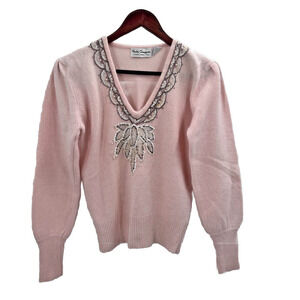 Vintage Ruth Chagnon Pink Lambswool Angora V-Neck Sweater